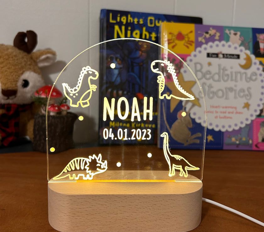 dinosaur personalized night lamp for kids with custom name and date