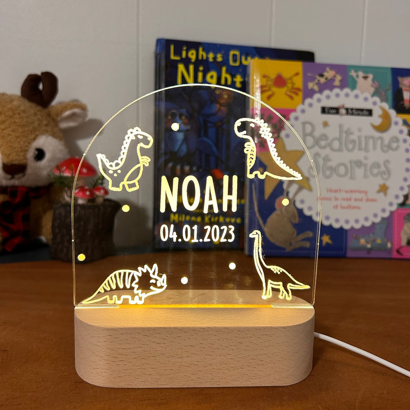 dinosaur personalized night lamp for kids with custom name and date