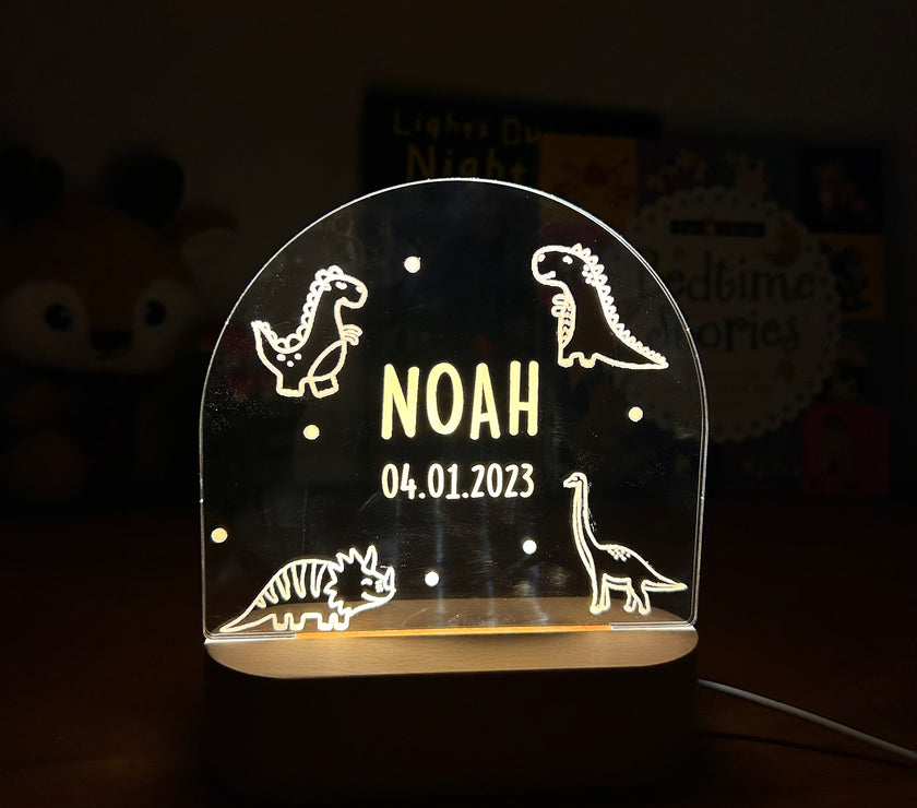 dinosaur personalized night lamp for kids with custom name and date