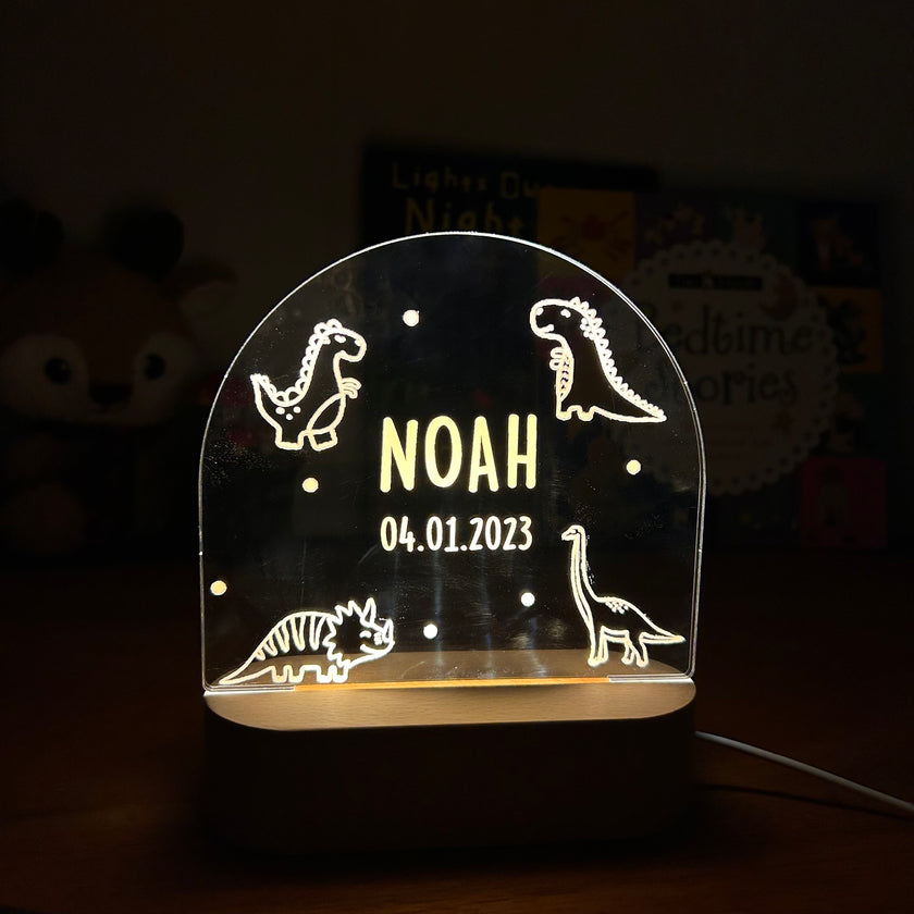 dinosaur personalized night lamp for kids with custom name and date