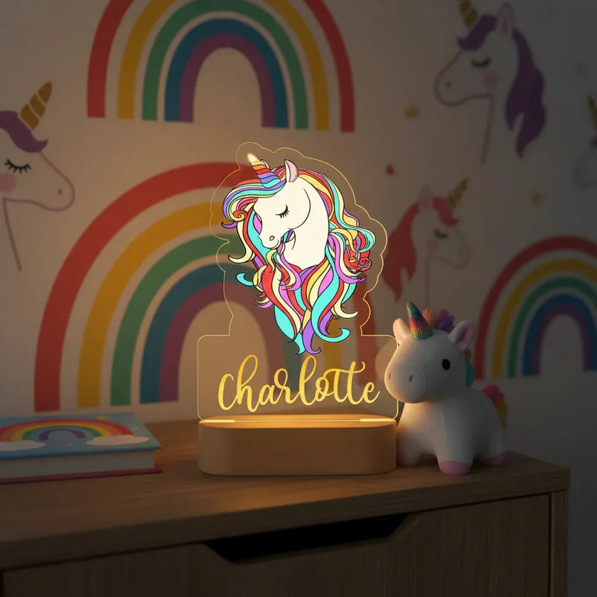 Unicorn with Rainbow Hair Personalized Children's Night Light Custom Name Acrylic Lamp for Nursery or Kids Bedroom