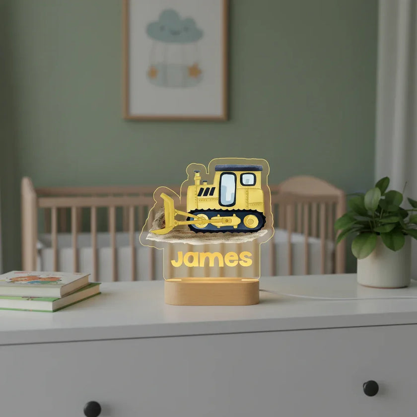 Yellow Bulldozer Personalized kids Night Light Custom Name Acrylic Lamp for Kids Bedroom or Nursery