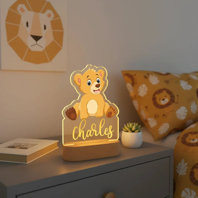 Golden Lion Cub Personalized kids Night Light Custom Name Acrylic Lamp for Kids Bedroom or Nursery