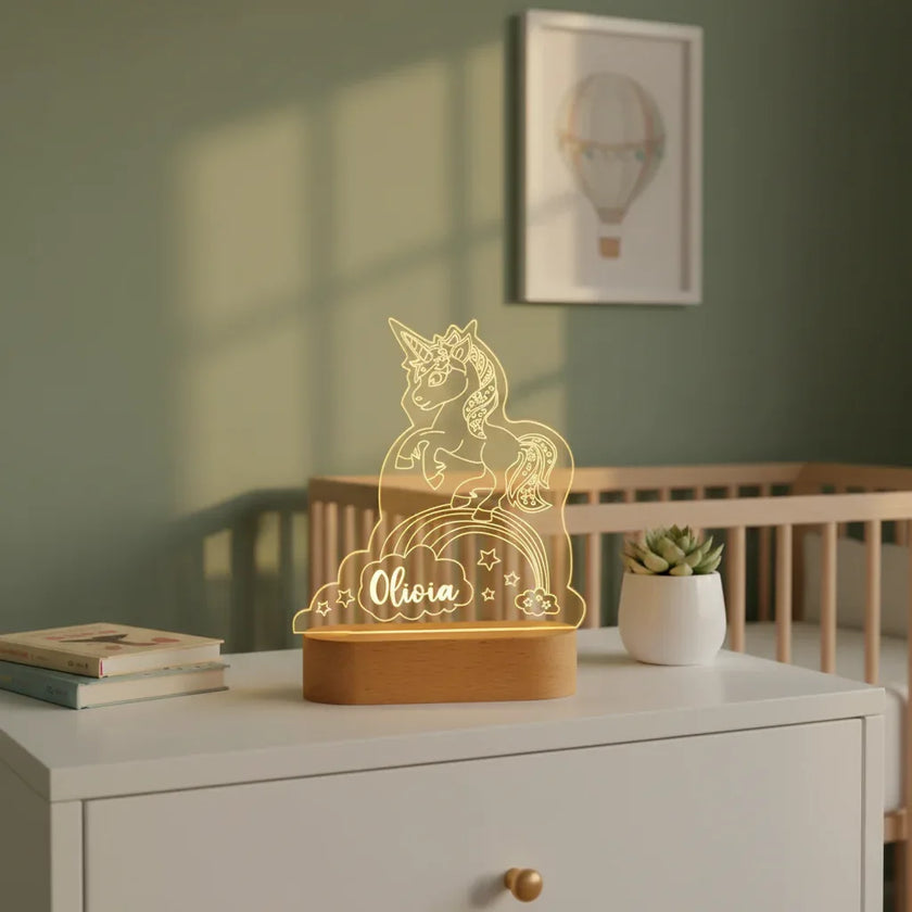 Unicorn on a Rainbow Personalized kids Night Light Custom Name Acrylic Lamp for Kids Bedroom or Nursery