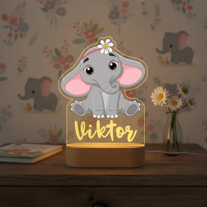 Cute Elephant Personalized Animal Night Light Custom Name Acrylic Lamp for Baby or Kids Bedroom