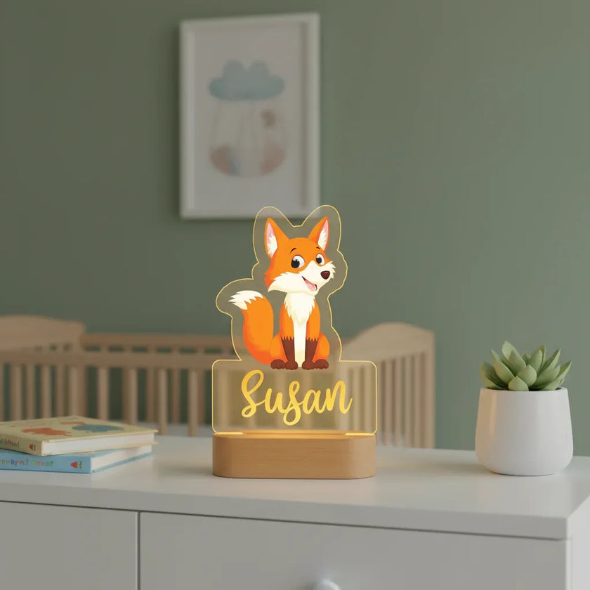 Fox Personalized Animal Night Light Custom Name Acrylic Lamp for Baby and Kids Bedroom