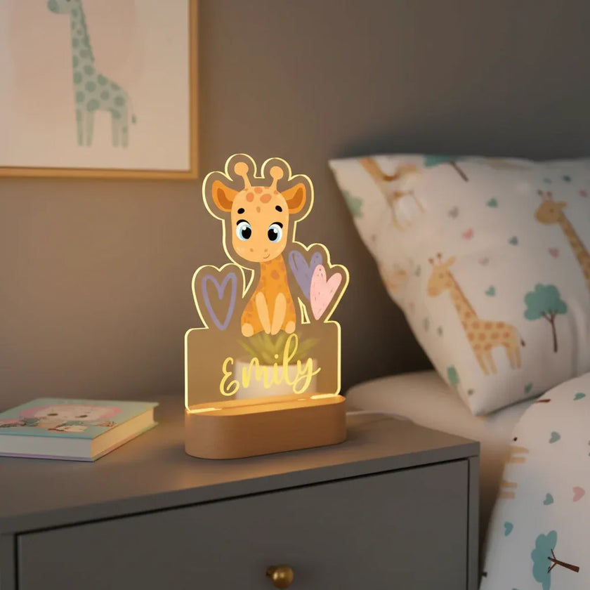 Giraffe with Hearts Personalized Animal Night Light Custom Name Acrylic Lamp for Baby and Kids Bedroom
