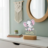 Elephant with Pink Ears Personalized Night Light Custom Name Acrylic Lamp for Baby’s Room or Kids Bedroom