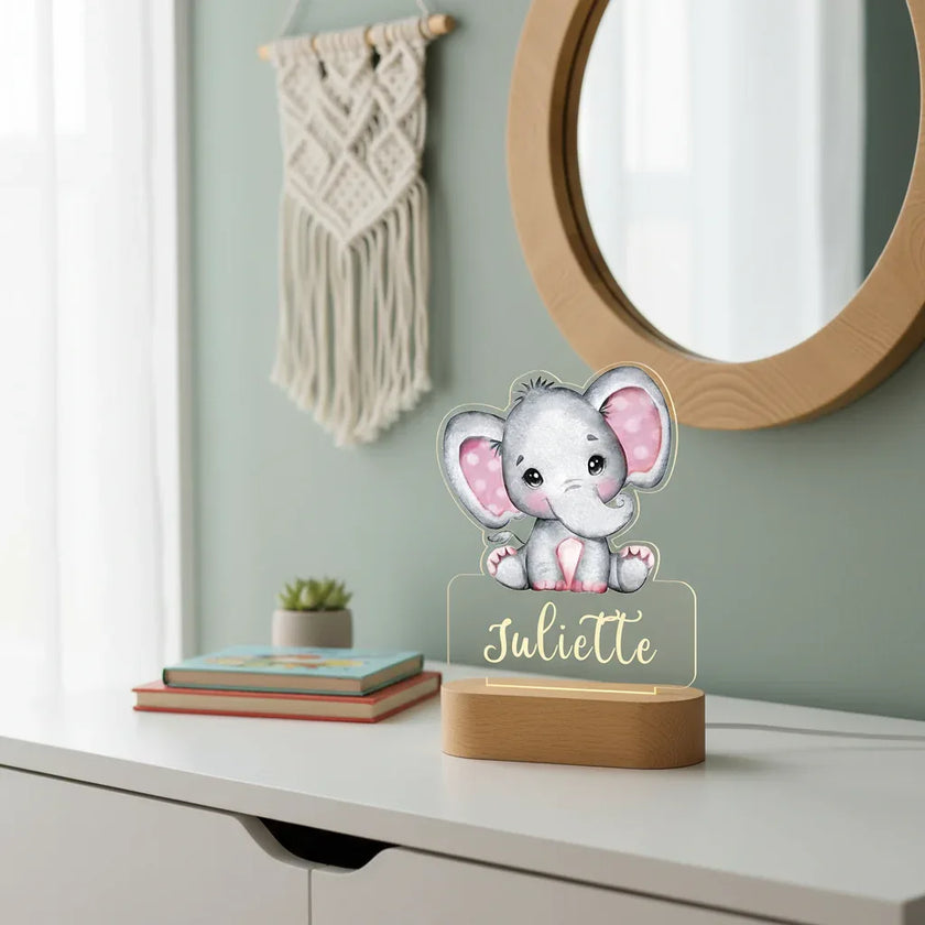 Elephant with Pink Ears Personalized Night Light Custom Name Acrylic Lamp for Baby’s Room or Kids Bedroom