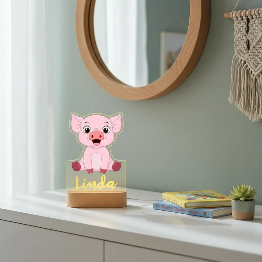 Pink Piglet Personalized Children's Animal Night Light Custom Name Acrylic for Lamp Baby or Kids Bedroom