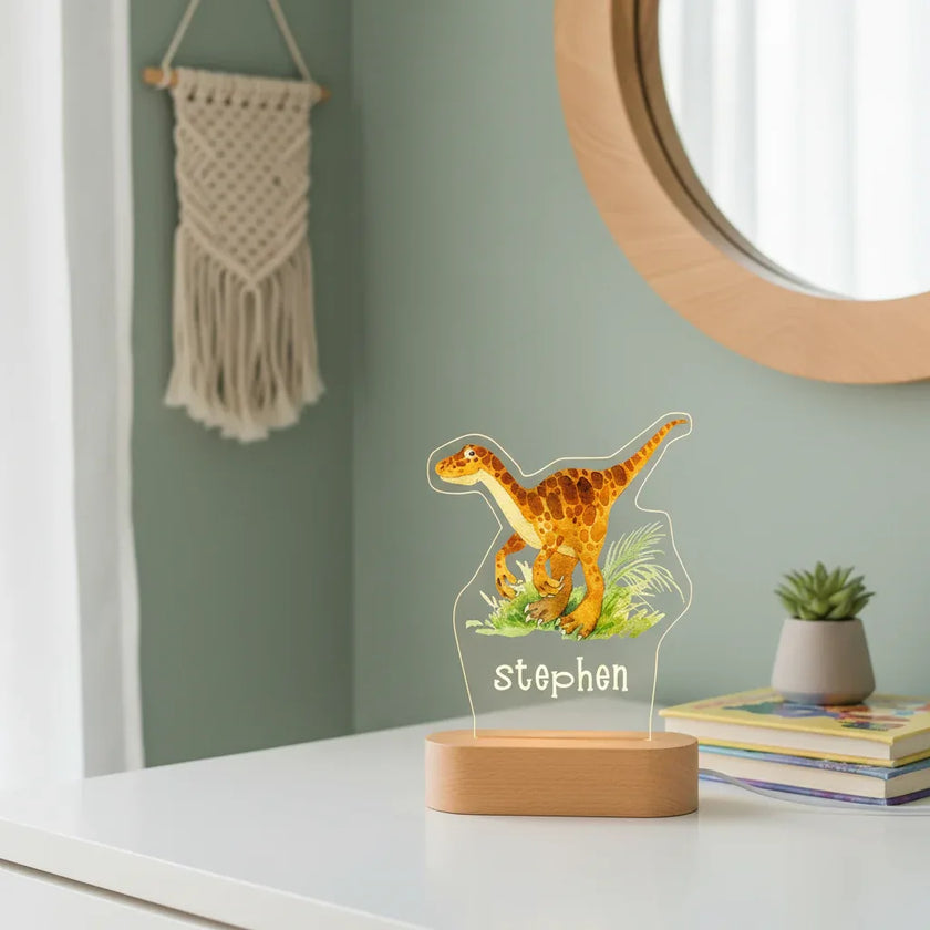 Velociraptor Dinosaur Personalized Children's Night Light Custom Name Acrylic Lamp for Baby's Room or  Kids Bedroom