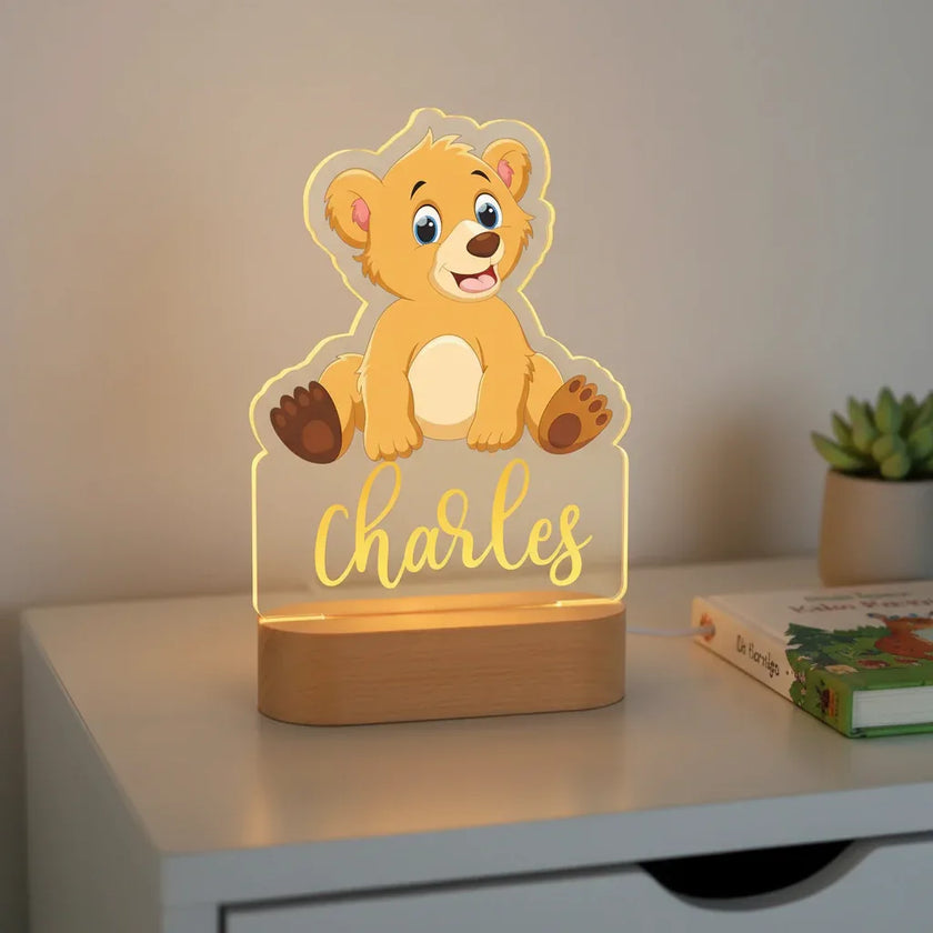 Golden Lion Cub Personalized kids Night Light Custom Name Acrylic Lamp for Kids Bedroom or Nursery
