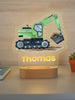 Green Excavator Personalized Night Light Custom Name Acrylic Lamp for Baby Nursery or Kids Bedroom