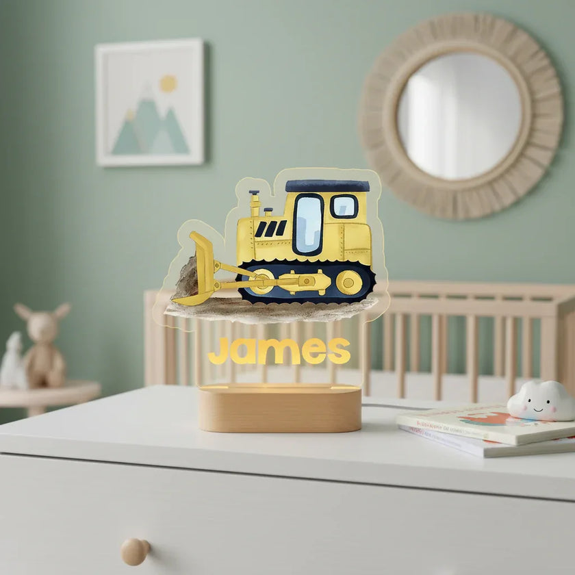 Yellow Bulldozer Personalized kids Night Light Custom Name Acrylic Lamp for Kids Bedroom or Nursery
