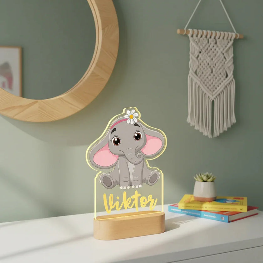 Cute Elephant Personalized Animal Night Light Custom Name Acrylic Lamp for Baby or Kids Bedroom