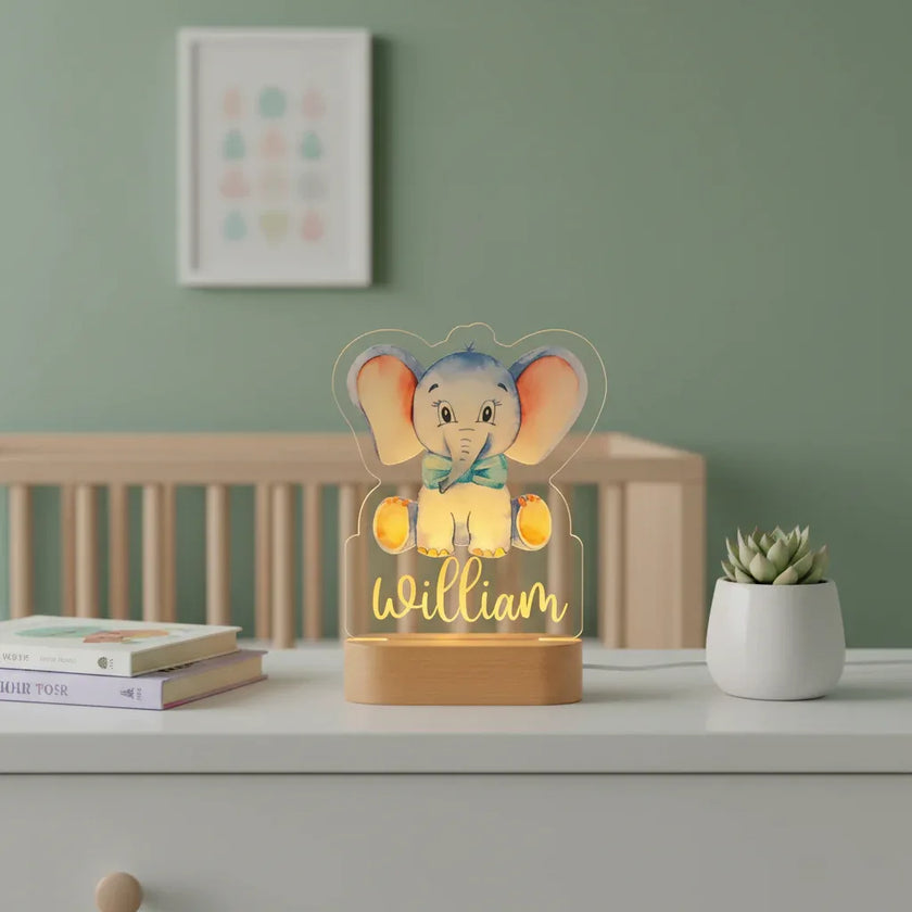 Baby Elephant Personalized Animal Night Light Custom Name Acrylic Lamp for Baby Nursery Kids and Bedroom