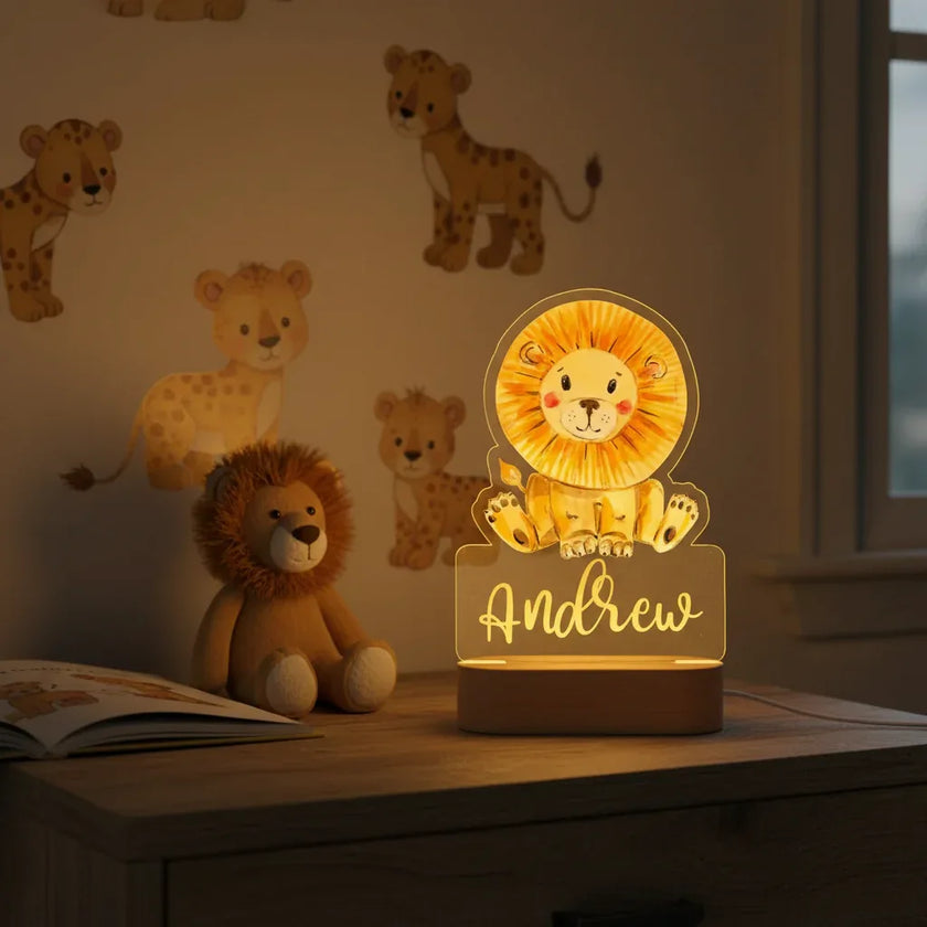 Lion Personalized Kids Animal Night Light Custom Name Acrylic Lamp for Baby's Room and Kids Bedroom
