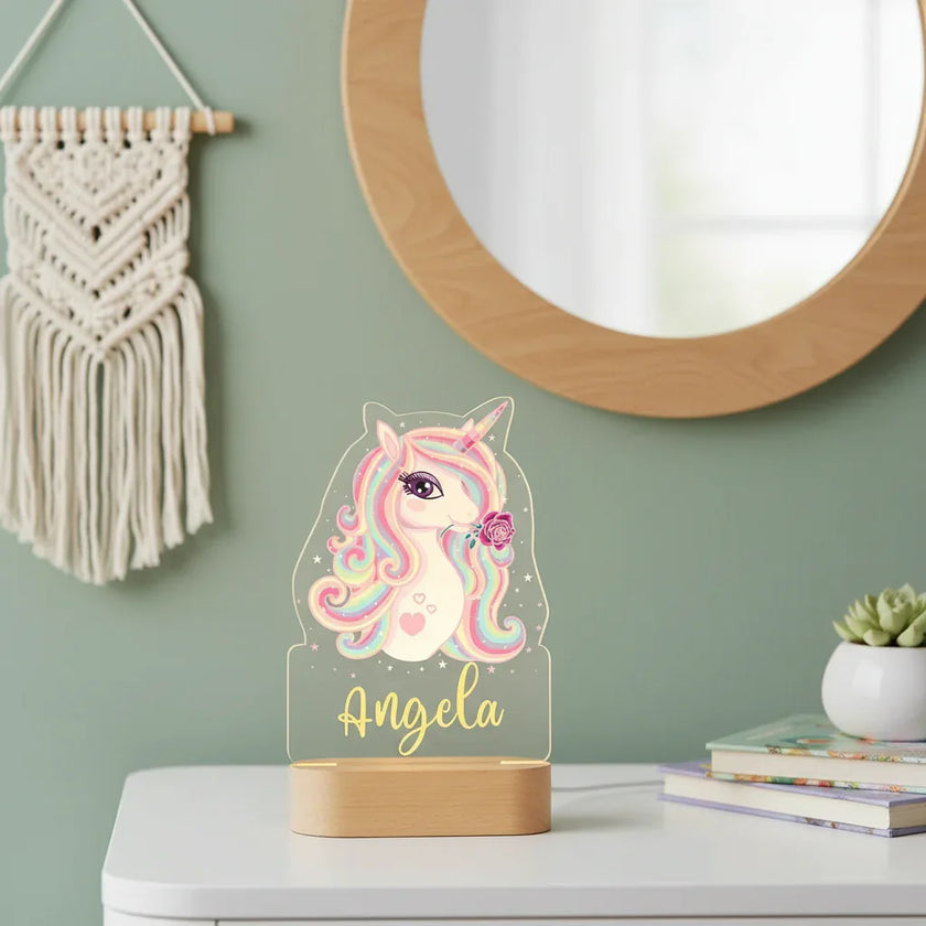 Sparkly Unicorn Personalized Night Light Custom Name Acrylic Lamp Baby Girl’s Room