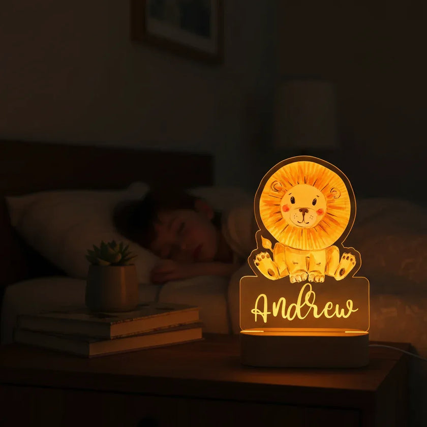 Lion Personalized Kids Animal Night Light Custom Name Acrylic Lamp for Baby's Room and Kids Bedroom