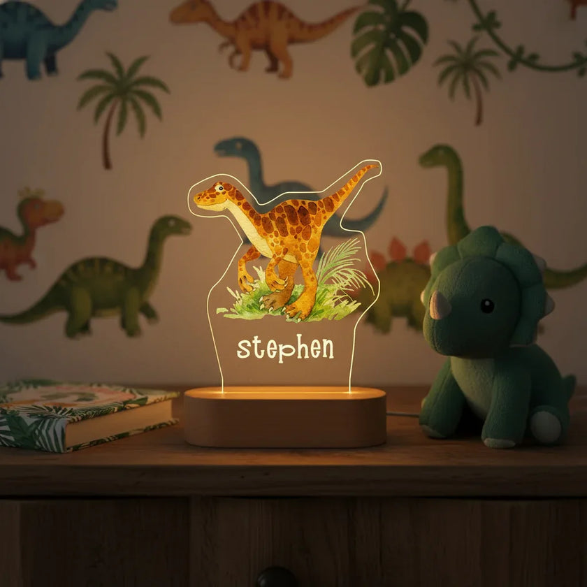 Velociraptor Dinosaur Personalized Children's Night Light Custom Name Acrylic Lamp for Baby's Room or  Kids Bedroom