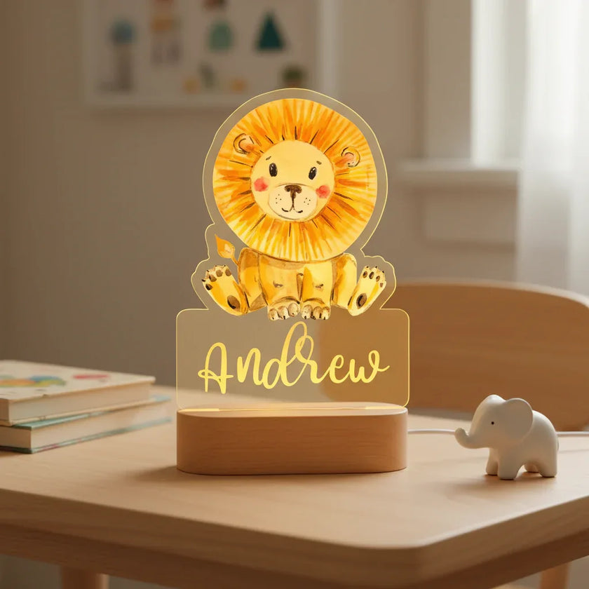 Lion Personalized Kids Animal Night Light Custom Name Acrylic Lamp for Baby's Room and Kids Bedroom