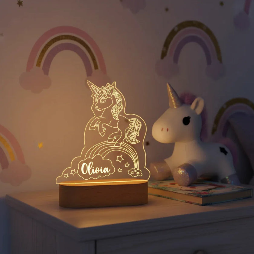 Unicorn on a Rainbow Personalized kids Night Light Custom Name Acrylic Lamp for Kids Bedroom or Nursery