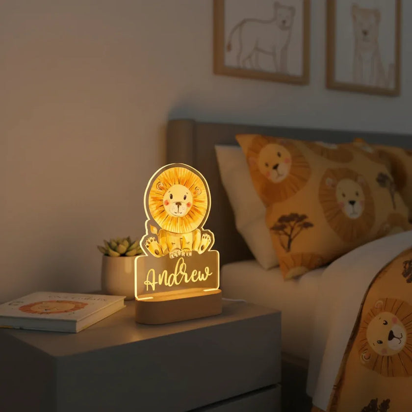 Lion Personalized Kids Animal Night Light Custom Name Acrylic Lamp for Baby's Room and Kids Bedroom