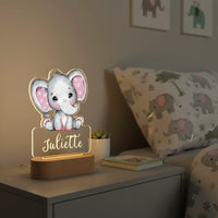 Elephant with Pink Ears Personalized Night Light Custom Name Acrylic Lamp for Baby’s Room or Kids Bedroom