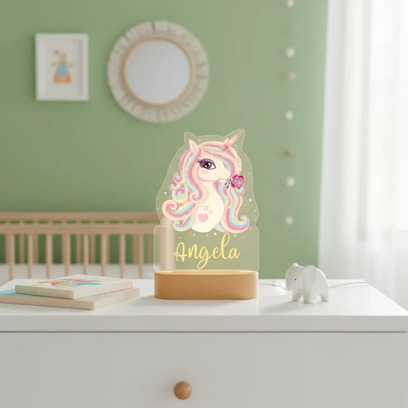 Sparkly Unicorn Personalized Night Light Custom Name Acrylic Lamp Baby Girl’s Room
