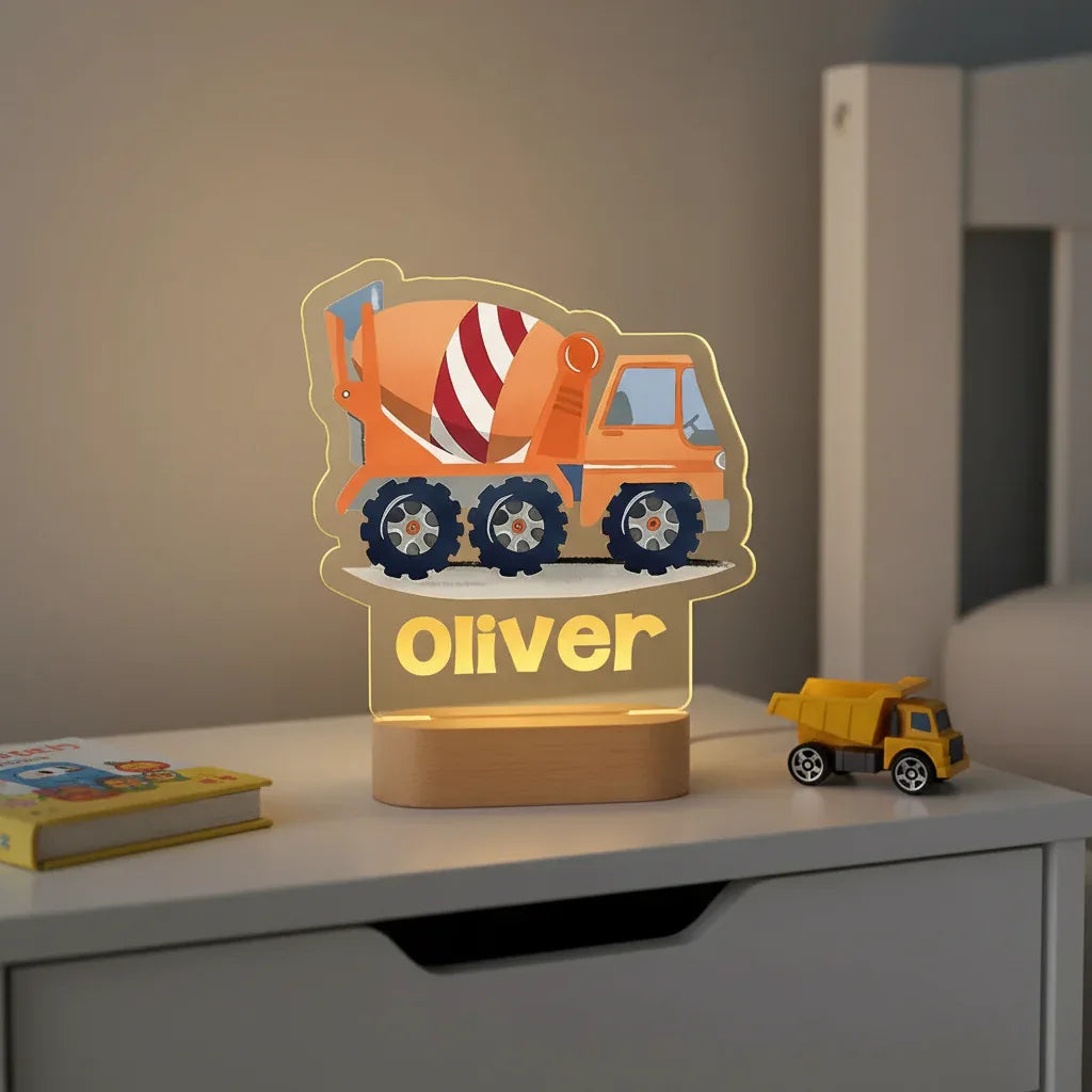 Cement Truck Personalized Night Light Custom Name Acrylic Lamp for Baby or Kids Bedroom