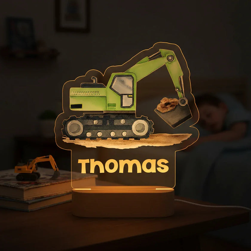 Green Excavator Personalized Night Light Custom Name Acrylic Lamp for Baby Nursery or Kids Bedroom