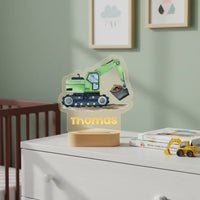 Green Excavator Personalized Night Light Custom Name Acrylic Lamp for Baby Nursery or Kids Bedroom