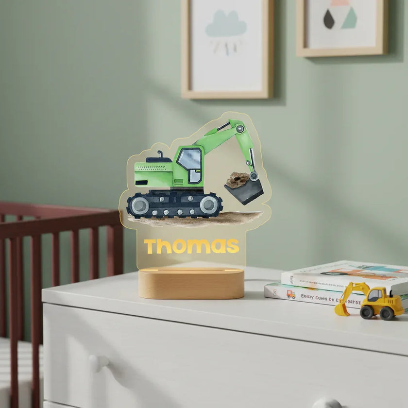 Green Excavator Personalized Night Light Custom Name Acrylic Lamp for Baby Nursery or Kids Bedroom