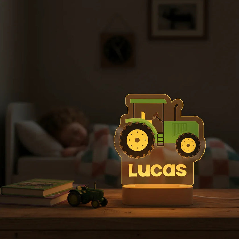 Classic Green Tractor Personalized kids Night Light Custom Name Acrylic Lamp for Kids Bedroom or Nursery