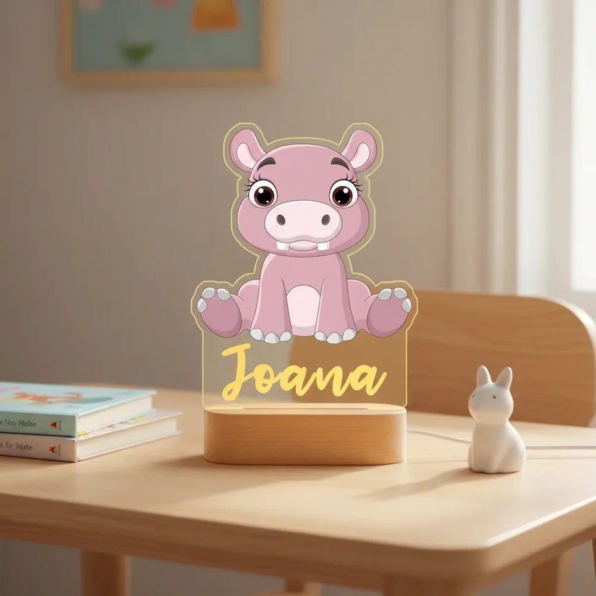 Hippo Personalized Animal Night Light Custom Name Acrylic Lamp for Baby Nursery and Kids Bedroom