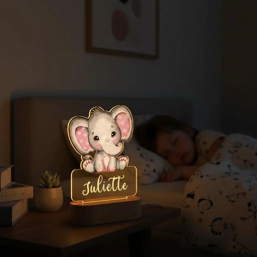 Elephant with Pink Ears Personalized Night Light Custom Name Acrylic Lamp for Baby’s Room or Kids Bedroom