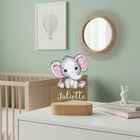 Elephant with Pink Ears Personalized Night Light Custom Name Acrylic Lamp for Baby’s Room or Kids Bedroom