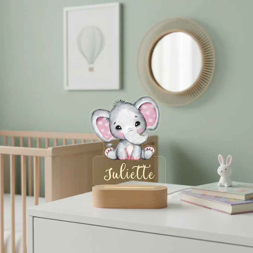 Elephant with Pink Ears Personalized Night Light Custom Name Acrylic Lamp for Baby’s Room or Kids Bedroom