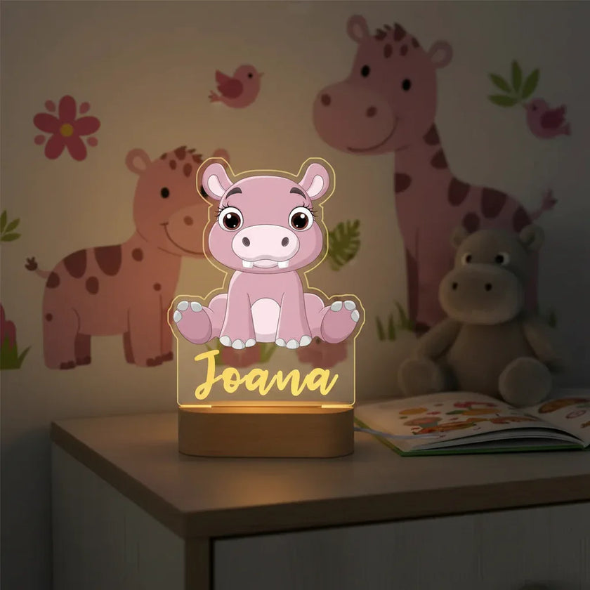 Hippo Personalized Animal Night Light Custom Name Acrylic Lamp for Baby Nursery and Kids Bedroom