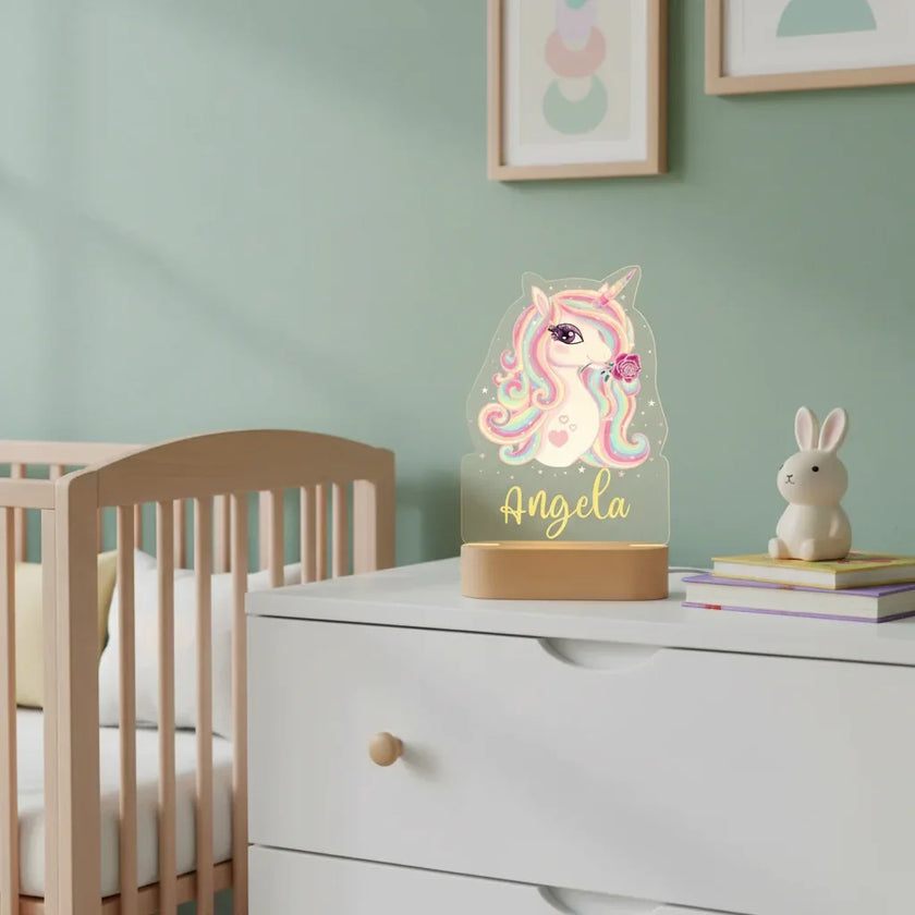 Sparkly Unicorn Personalized Night Light Custom Name Acrylic Lamp Baby Girl’s Room