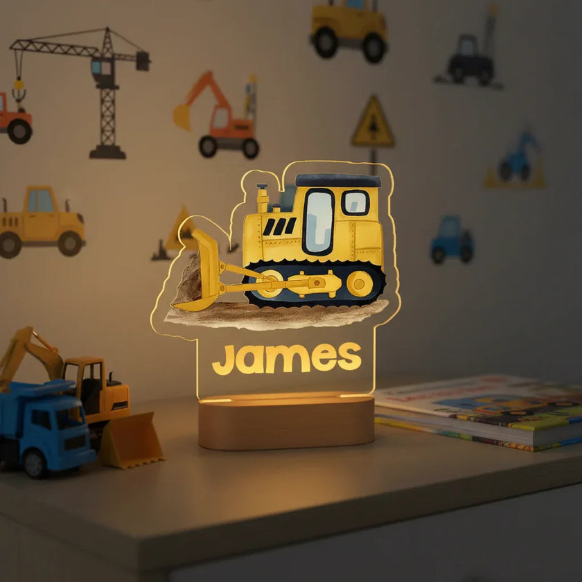 Yellow Bulldozer Personalized kids Night Light Custom Name Acrylic Lamp for Kids Bedroom or Nursery