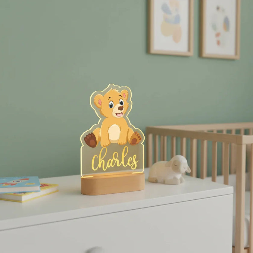 Golden Lion Cub Personalized kids Night Light Custom Name Acrylic Lamp for Kids Bedroom or Nursery