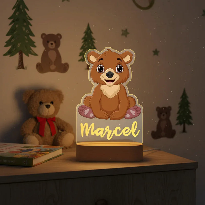 Brown Bear Personalized Animal Night Light Custom Name Acrylic Lamp for Baby’s Room or Kids’ Bedroom