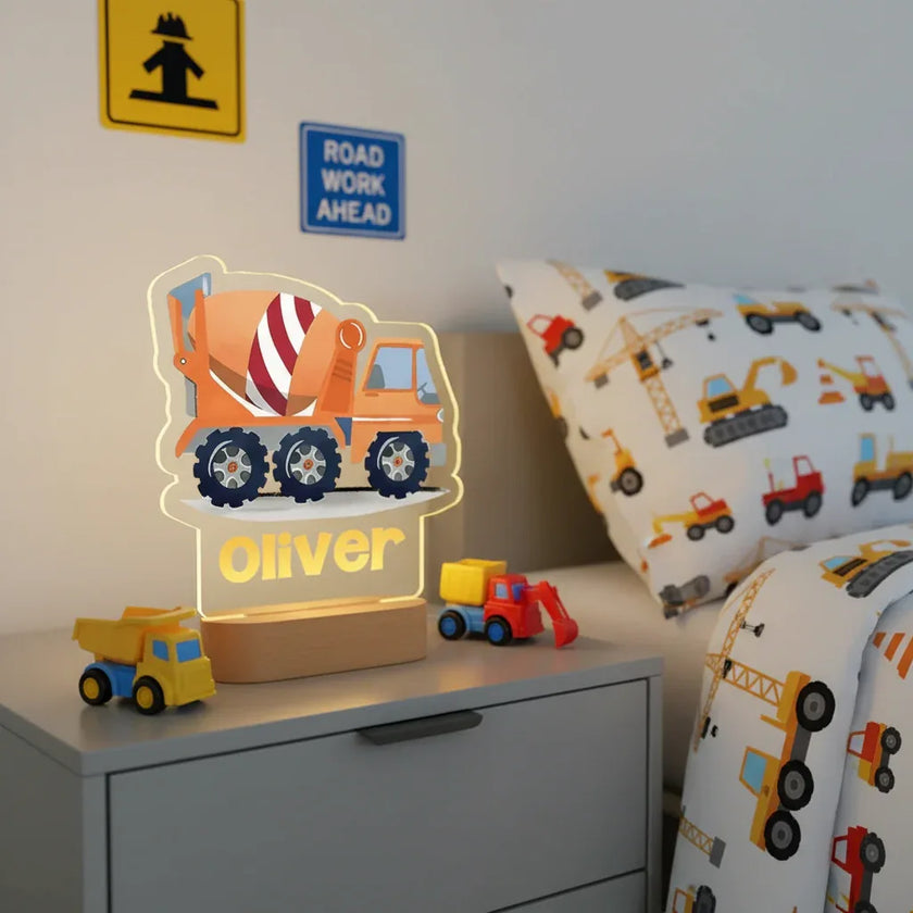 Cement Truck Personalized Night Light Custom Name Acrylic Lamp for Baby or Kids Bedroom