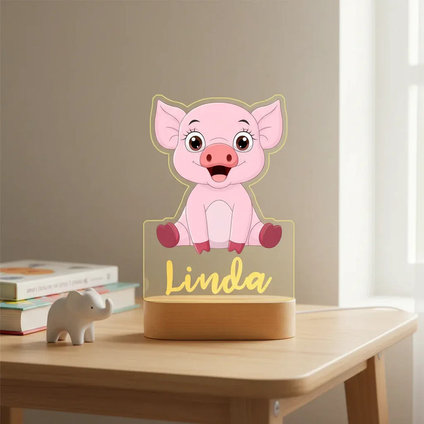 Pink Piglet Personalized Children's Animal Night Light Custom Name Acrylic for Lamp Baby or Kids Bedroom