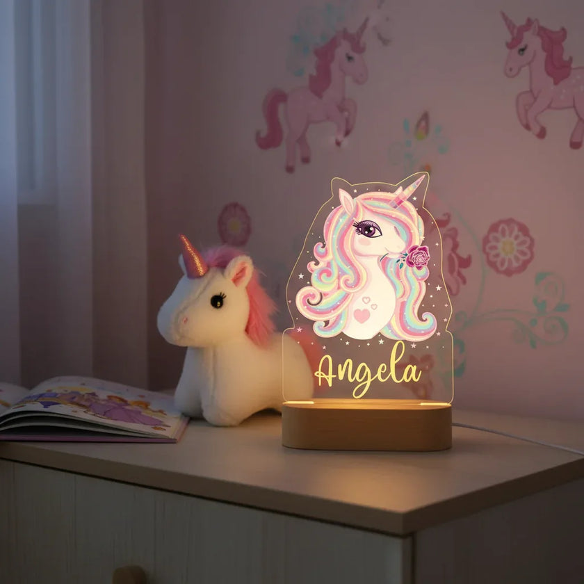 Sparkly Unicorn Personalized Night Light Custom Name Acrylic Lamp Baby Girl’s Room