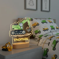 Green Excavator Personalized Night Light Custom Name Acrylic Lamp for Baby Nursery or Kids Bedroom