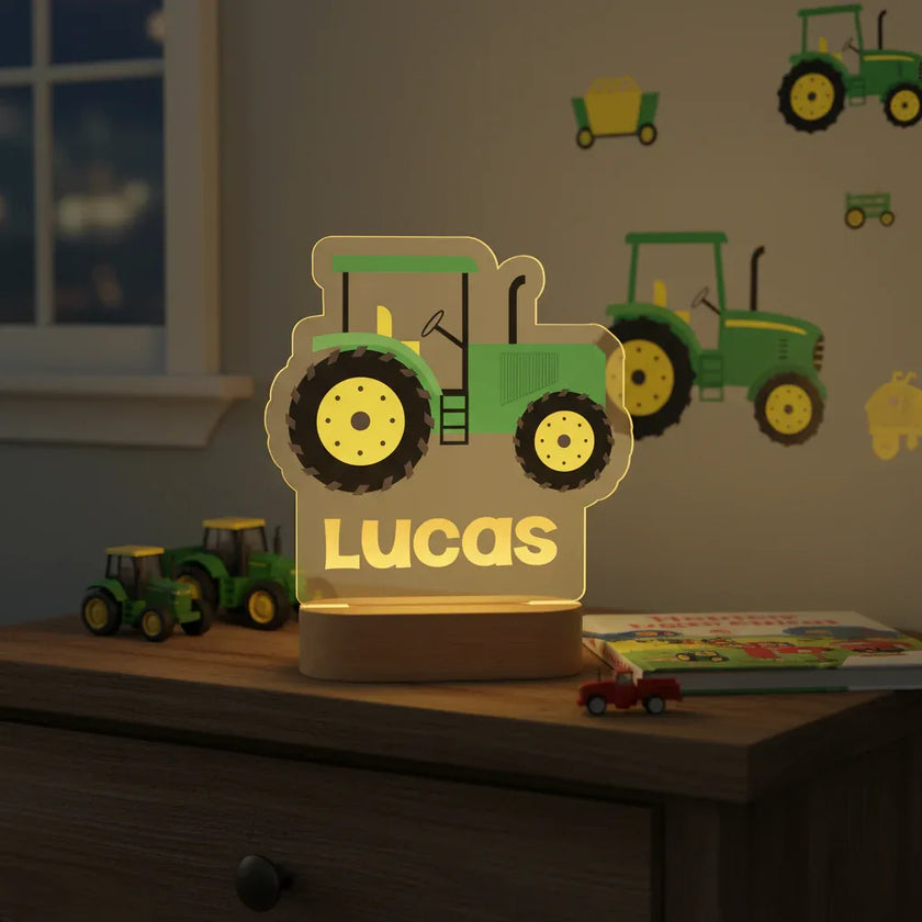 Classic Green Tractor Personalized kids Night Light Custom Name Acrylic Lamp for Kids Bedroom or Nursery