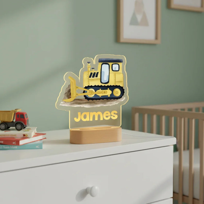 Yellow Bulldozer Personalized kids Night Light Custom Name Acrylic Lamp for Kids Bedroom or Nursery
