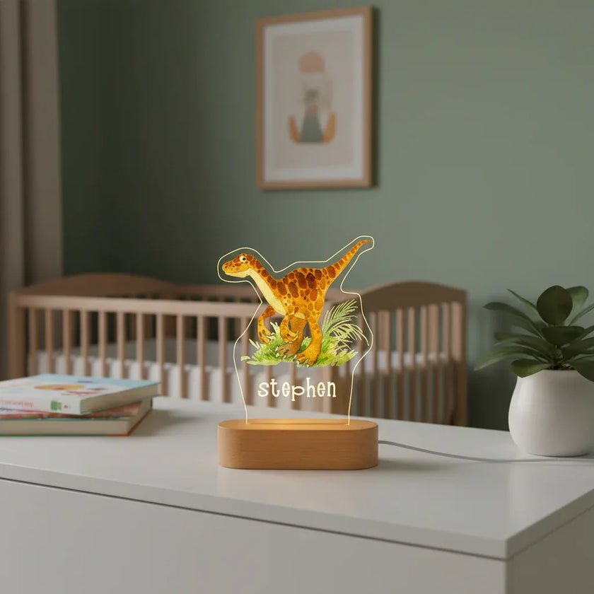 Velociraptor Dinosaur Personalized Children's Night Light Custom Name Acrylic Lamp for Baby's Room or  Kids Bedroom